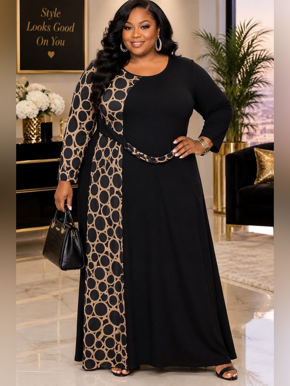 Black & Taupe Circle-Print Long Sleeve Dress